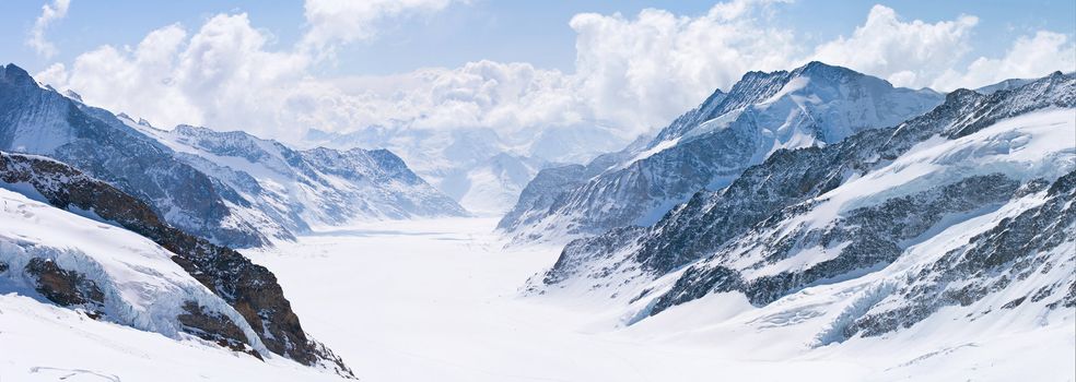 Panorama Scenic of Great Aletsch Glacier Jungfrau region,Part of Swiss Alps Alpine Snow Mountain Landscape at Switzerland.