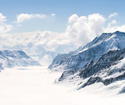 Panorama Scenic of Great Aletsch Glacier Jungfrau region,Part of Swiss Alps Alpine Snow Mountain Landscape at Switzerland.