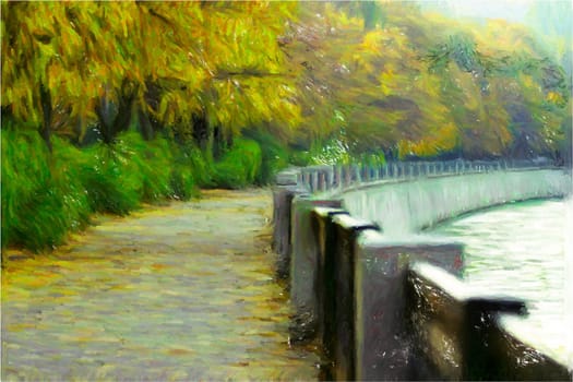 Autumn park along quay of the river
