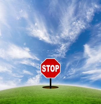 Concept of a stop sign in the middle of nowhere. Signifies the pace of modern life.