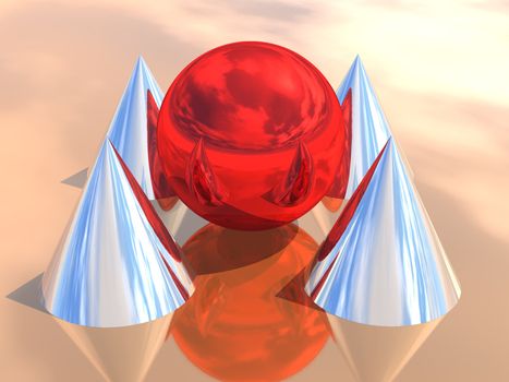 3D the image of a sphere and pyramid from 100 % reflection of world around