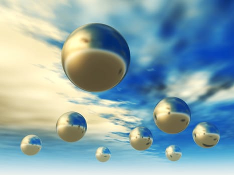 3D spheres in the open sky (effect glamour with fantastic paints of the sky)