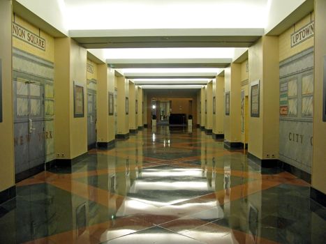 A look down a long hotel corridor