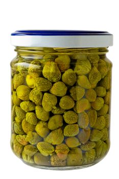 Glass jar of preserved capers with clipping path