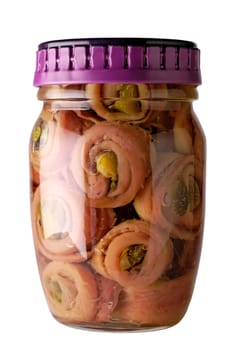 Anchovies in glass jar (vertical) with clipping path