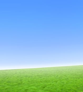 Beautiful simple nature background with green grass and a gradient blue sky. Diagonal horizon.