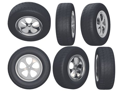 Set of automobile wheels located under a different corner (it is isolated on a white background)