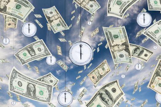 Conceptual shot about time and money with dollar banknotes falling from the sky and clocks hanging from the sky.