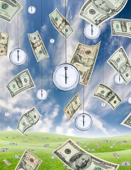 Conceptual shot about time and money with dollar banknotes falling from the sky and clocks hanging from the sky. Vertical.