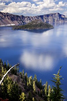 Crater Lake Reflection, Wizard Island, Clouds Blue Sky Oregon Pacific Northwest