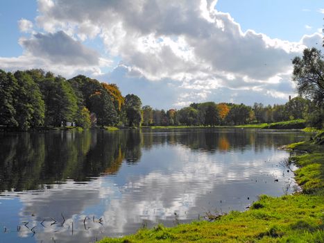 Sight of Māras Pond in autumn. The Māras Pond is located in Riga, the capital of Latvia