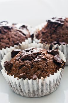 Chocolate muffins on the plate, high key, shallow DOF