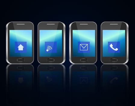 Illustration depicting four illuminated communication devices with various icon displays arranged horizontally over dark blue background and reflecting into the foreground.