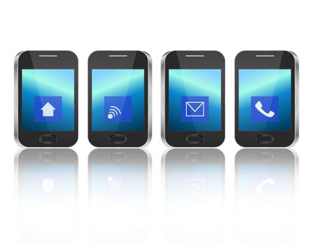 Illustration depicting four illuminated communication devices with various icon displays arranged horizontally over white background and reflecting into the foreground.