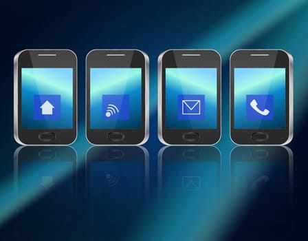 Illustration depicting four illuminated communication devices with various icon displays arranged horizontally over dark blue background and reflecting into the foreground.