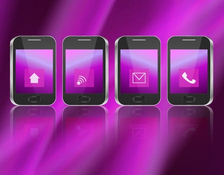 Illustration depicting four illuminated communication devices with various icon displays arranged horizontally over dark pink background and reflecting into the foreground.
