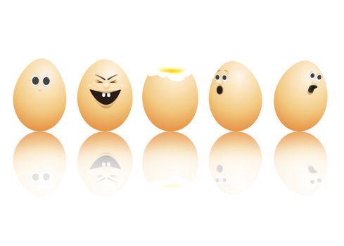 illustration depicting a row of brown eggs with painted faces arranged over white and reflecting into the foreground.
