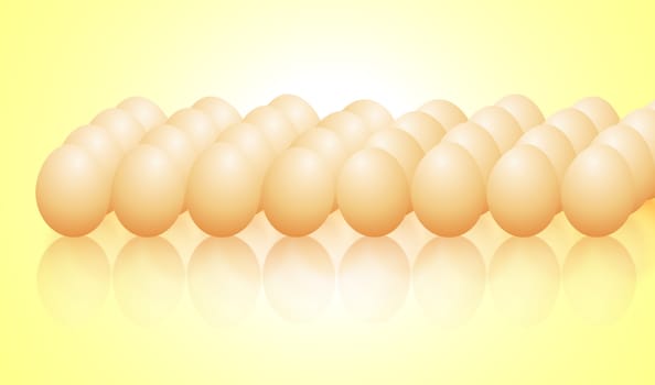 Illustration depicting a large group of fresh brown eggs arranged over yellow.