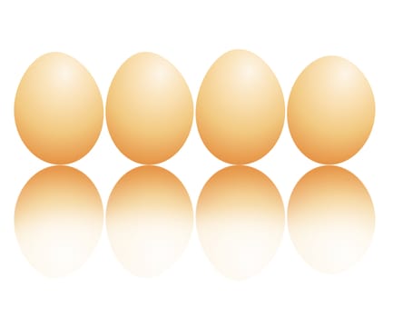 Illustration depicting a horizontal line of fresh brown eggs arranged over white and reflecting into the foreground.