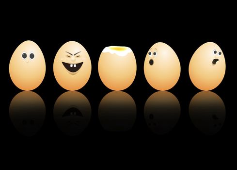 illustration depicting a row of brown eggs with painted faces arranged over black and reflecting into the foreground.