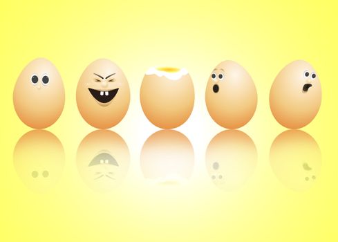 illustration depicting a row of brown eggs with painted faces arranged over yellow and reflecting into the foreground.