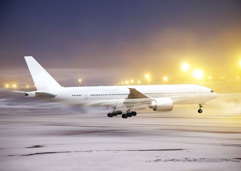 white plane in airport at non-flying weather, snow-storm