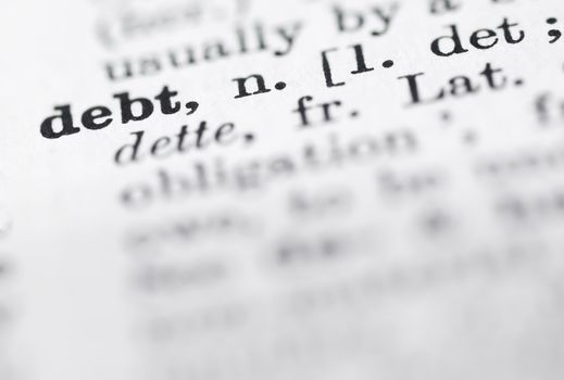 Shallow DOF, focus on debt in English dictionary.