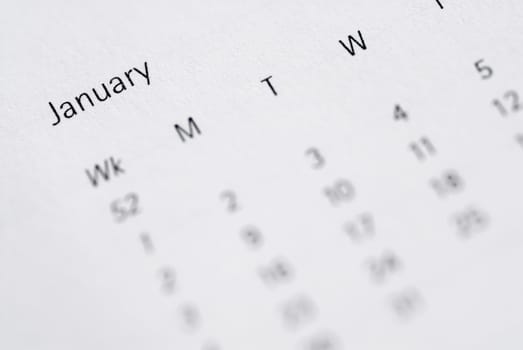 Focus on January, month view of diary.