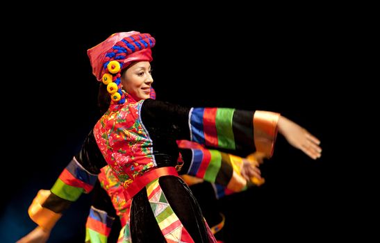 CHENGDU - SEP 28: chinese Qiang ethnic dance performed by song and dance troupe of Aba Tibetan and Qiang autonomous prefecture at experimental theater.Sep 28,2010 in Chengdu, China.