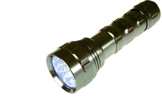 Isolated metal flashlight with LEDs on white background
