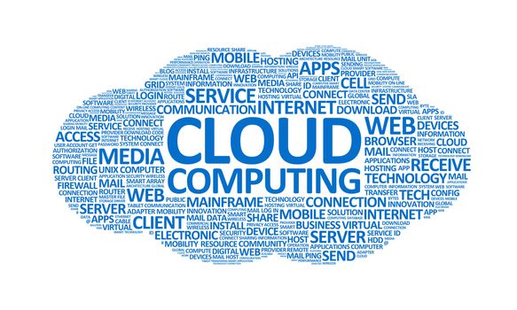 Word cloud conceptual illustration on cloud computing theme. Isolated on white.