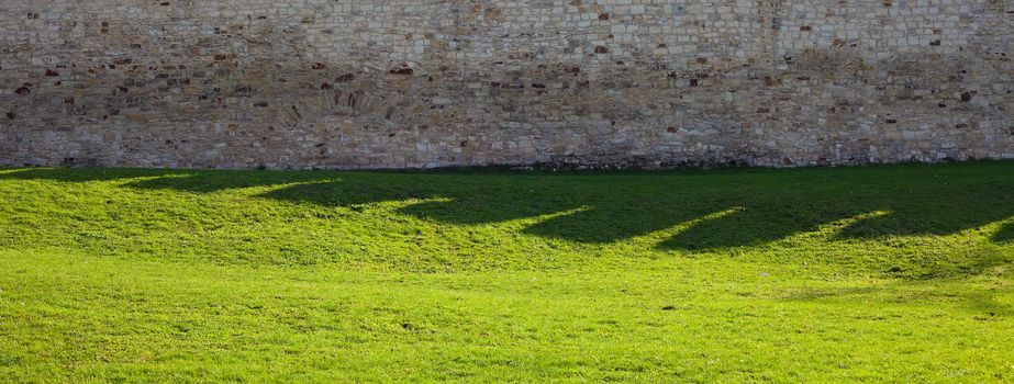 brick wall and green grass