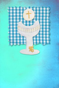 vertical card first communion, cute chalice and wafer for boys
