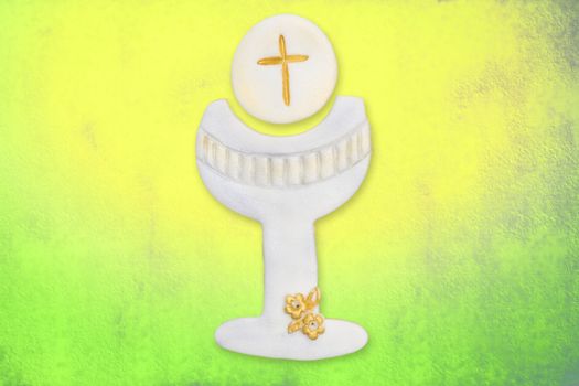 chalice and wafer cute first communion, on colorful background