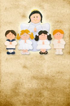 first communion card vertical, angel with a group of children on parchment
