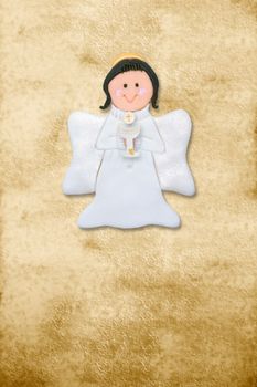 riser card, first communion angel, parchment background