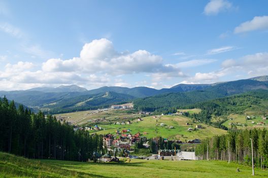 Beautiful green mountain landscape with trees in Carpathians. Bukovel region, Ukraine