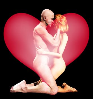 Nude man and women in a loving pose. 