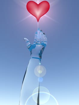 Transparent hand reaching out for an illuminated heart.