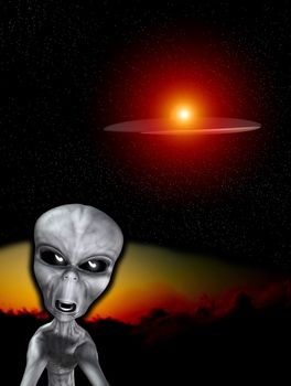Angry looking alien lifeform with a UFO in the background.