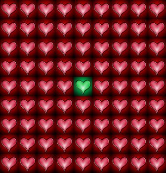 A pattern of love hearts with an odd one within the pattern.