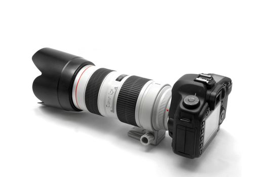 Professional DSLR Digital Camera with Big White Tele Lens on White Background