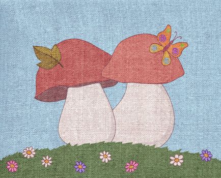 Drawing on the canvas: two mushrooms with a leaf and a butterfly in a meadow with flowers