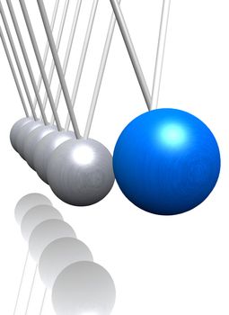 A 3d illustration showing Newton`s cradle. All on white background.