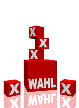 A big red cube showing the German term Wahl (Engl.: vote) surrounded by several smaller ones marked with an x. All on white background.