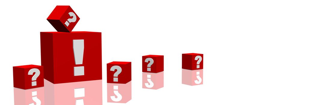 Several red cubes with question marks around a single big one with an exclamation mark. All on white background.