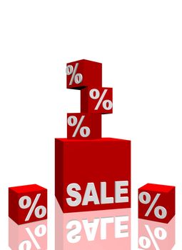 Several red cubes with a percentage sign around a single big one that shows the lettering sale. All on white background.