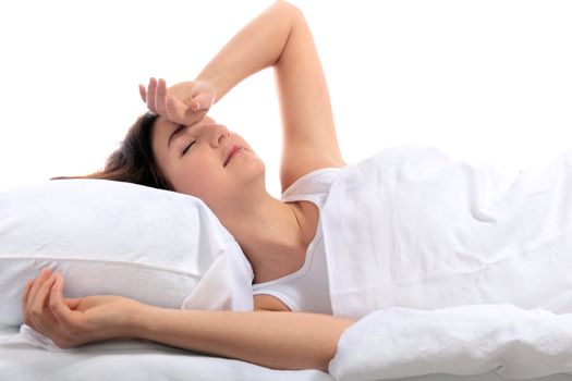 A young woman waking up in the morning. All on white background.