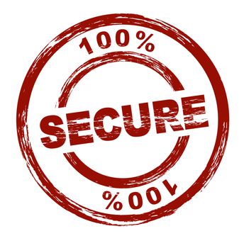 A stylized red stamp shows the term 100% secure. All on white background.