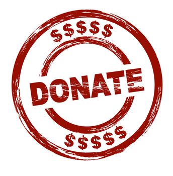 A stylized red stamp that shows the term donate. All on white background.